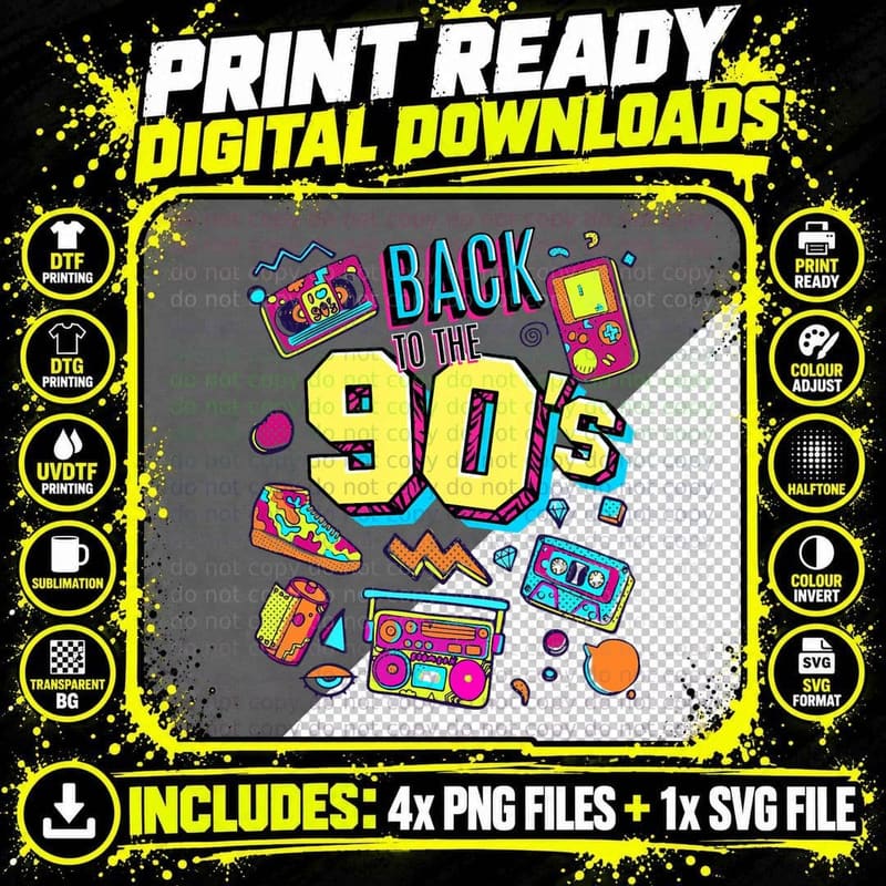 Men's Kids Vintage Retro Back to 90's Graphic Design Png SVG Digital Bundle