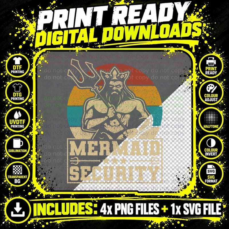 Mermaid Security T-Shirt, Vintage Retro, Party Costume Png SVG Digital Bundle