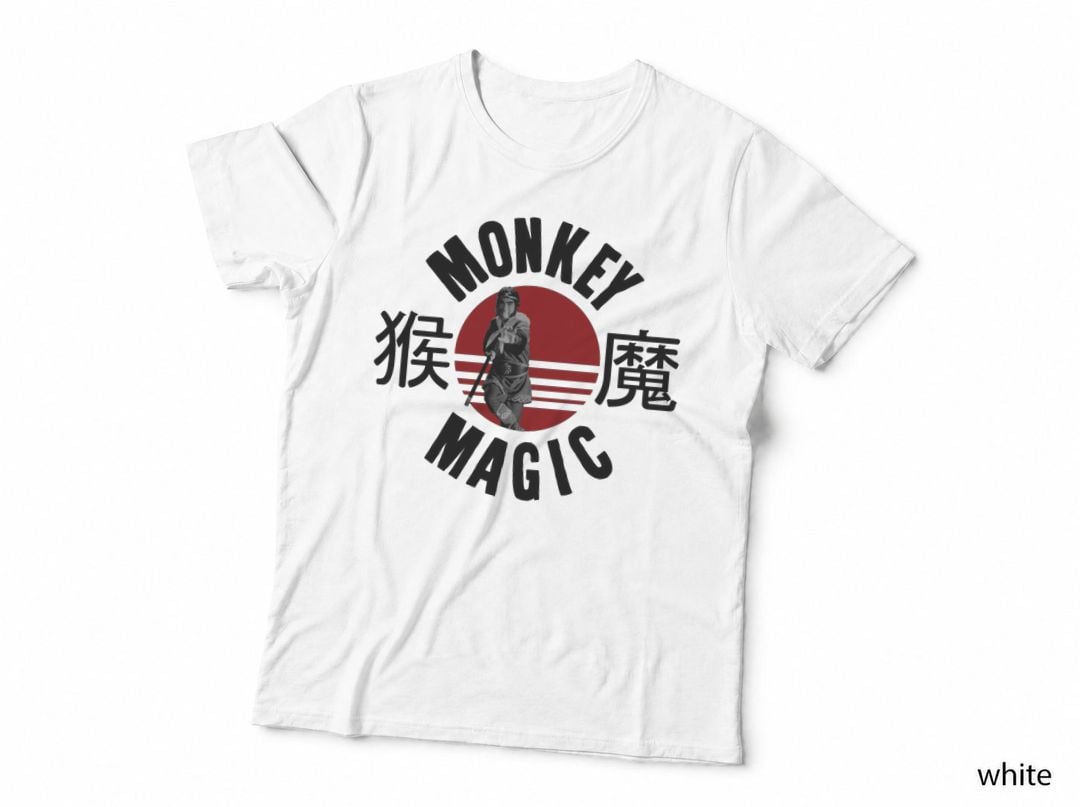 Monkey Magic Tee, Retro Kanji Sunset Art, Classic Eastern Hero Tribute Print