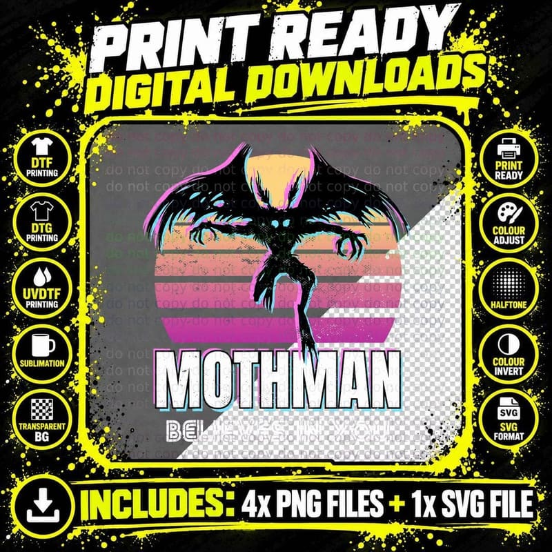Mothman Believes in You Sunset, Retro 80S Cryptid Wings Png SVG Digital Bundle