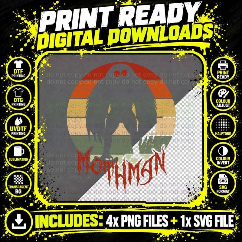 Mothman Cryptid Vintage Sunset 80s! Cool Folklore Men Png SVG Digital Bundle