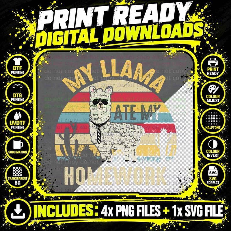 My Llama Ate My Homework T-Shirt, Vintage Retro Style Png SVG Digital Bundle