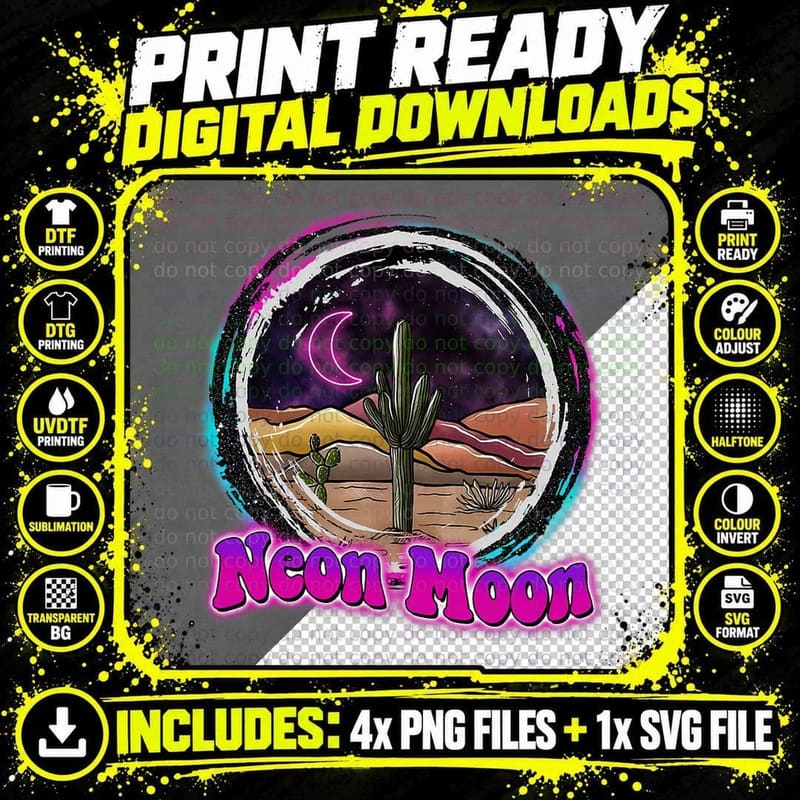 Neon-Moon Country Retro Western 80s 90 Cactus T-Shirt Png SVG Digital Bundle