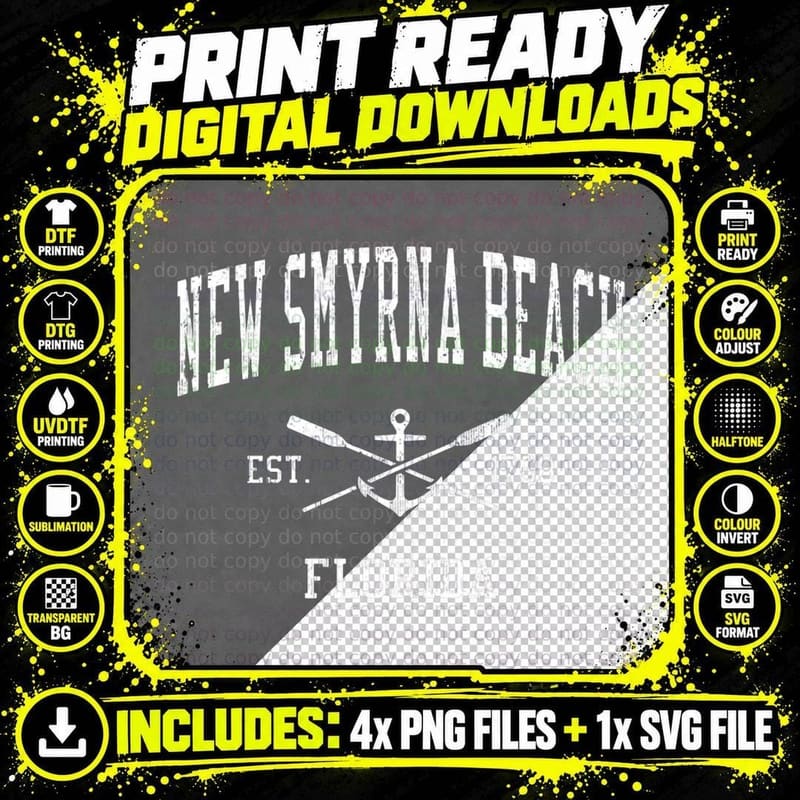New Smyrna Beach FL Vintage Crossed Oars & Boat Anchor Png SVG Digital Bundle