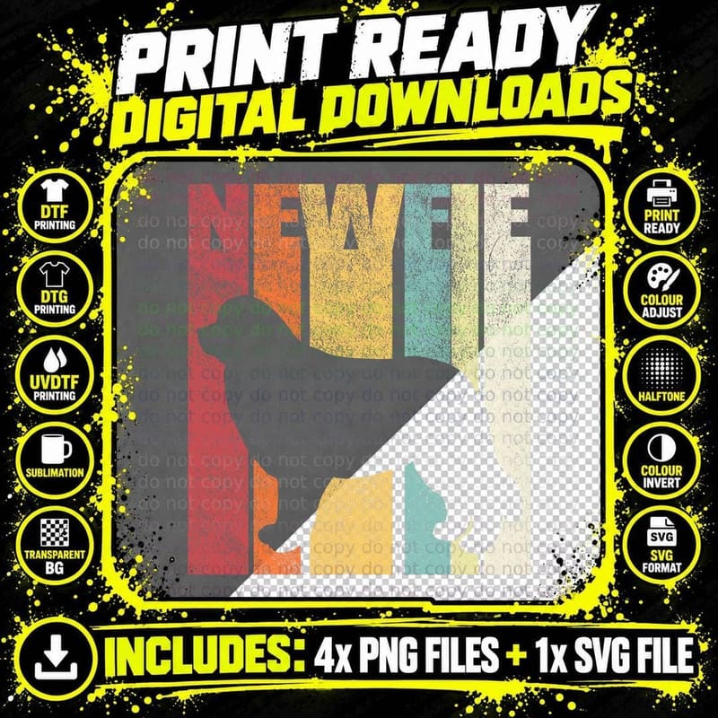Newfie Silhouette T-Shirt, Retro Vintage Style Png SVG Digital Bundle