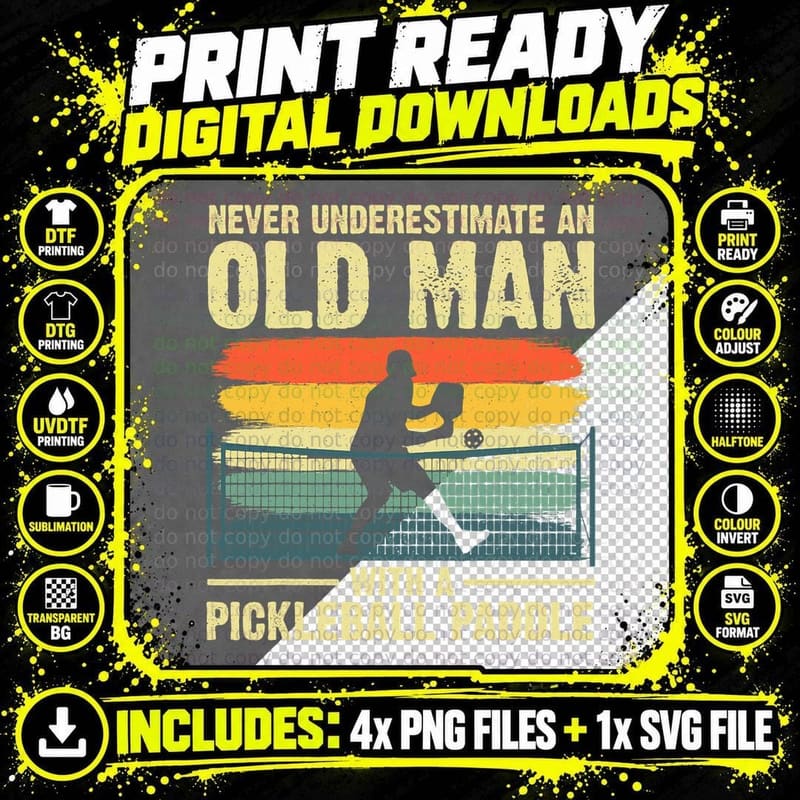 Old Man Pickleball T-Shirt, Vintage Sports Style Png SVG Digital Bundle