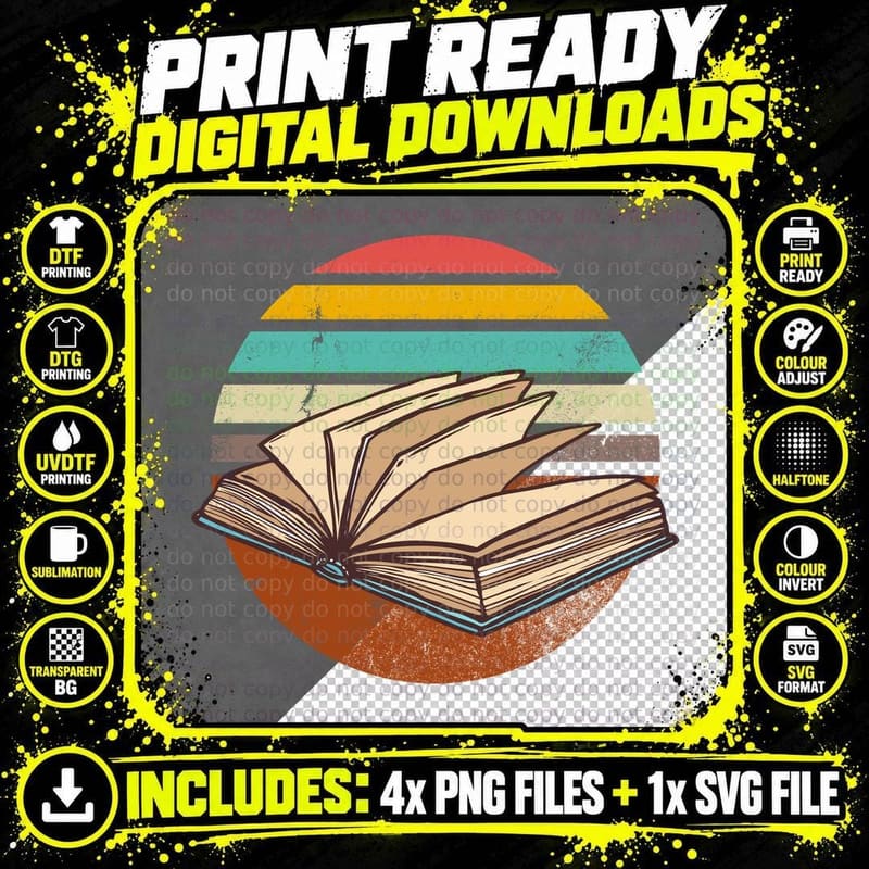 Open Book T-Shirt, Vintage Retro Style Png SVG Digital Bundle