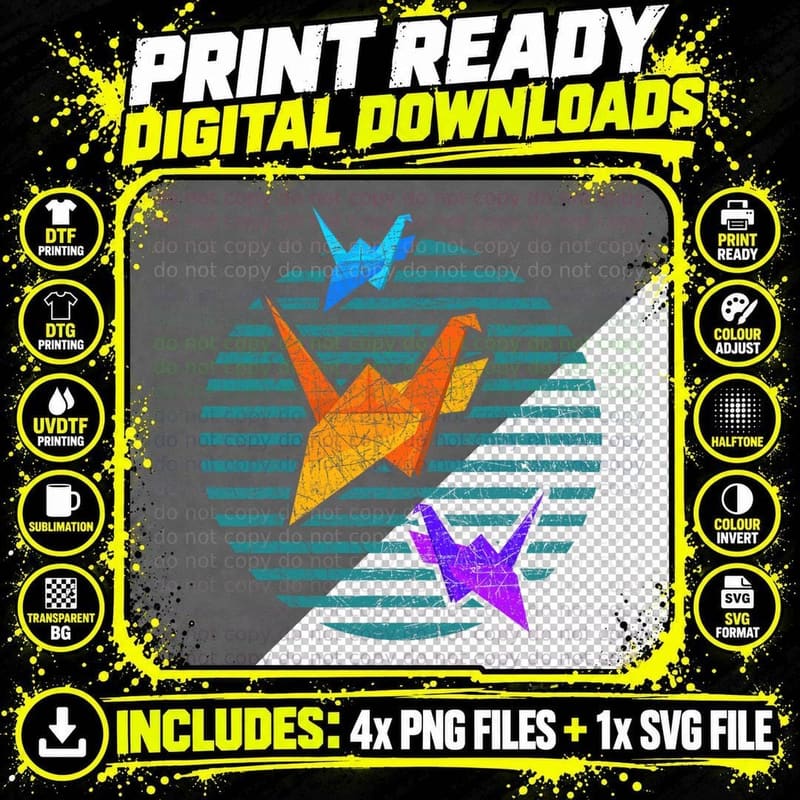Paper Cranes Japanese Paper Folding Art Retro Origami Png SVG Digital Bundle