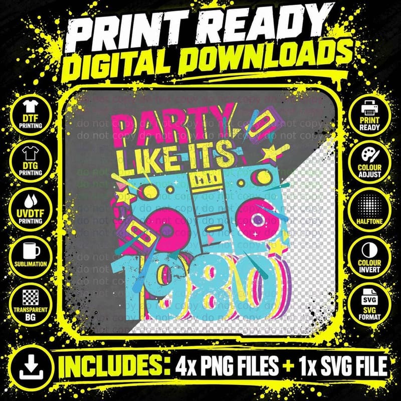 Party Like Its 1980 80s 90s Costume Retro Vintage Disco Png SVG Digital Bundle