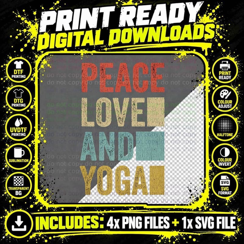 Peace Love and Yoga Outfit Retro Yoga Png SVG Digital Bundle