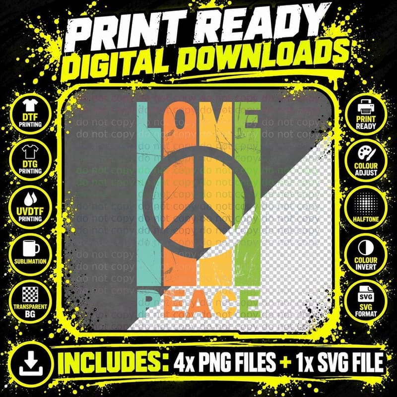 Peace Sign Love T-Shirt, Vintage Retro Style Png SVG Digital Bundle