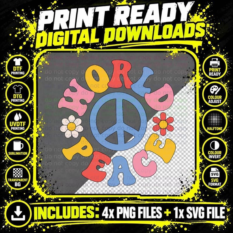 Peace Sign World 60's Retro Design Groovy 70s Hippie Png SVG Digital Bundle