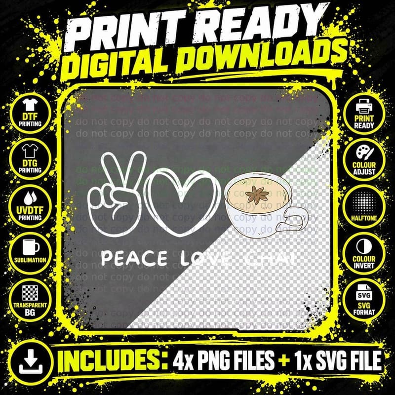 Peace, Love Chai Tea Retro Chai Tea Lover Food Lover Png SVG Digital Bundle