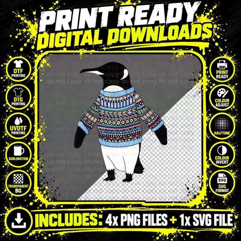Penguin Classic T-Shirt, Winter Sweater Style Png SVG Digital Bundle