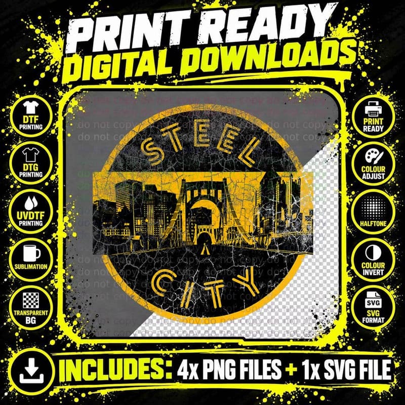 Pittsburgh Steel City Retro Skyline Bridge Vintage Png SVG Digital Bundle