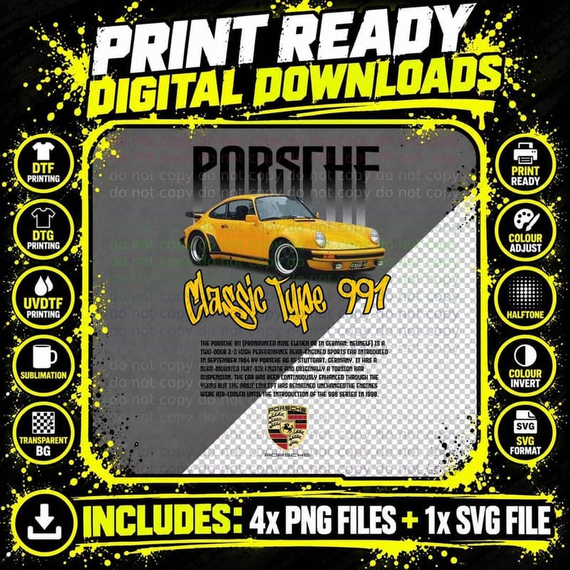 Porsche 911 Classic T-Shirt, Yellow Air Cooled Vintage Png SVG Digital Bundle