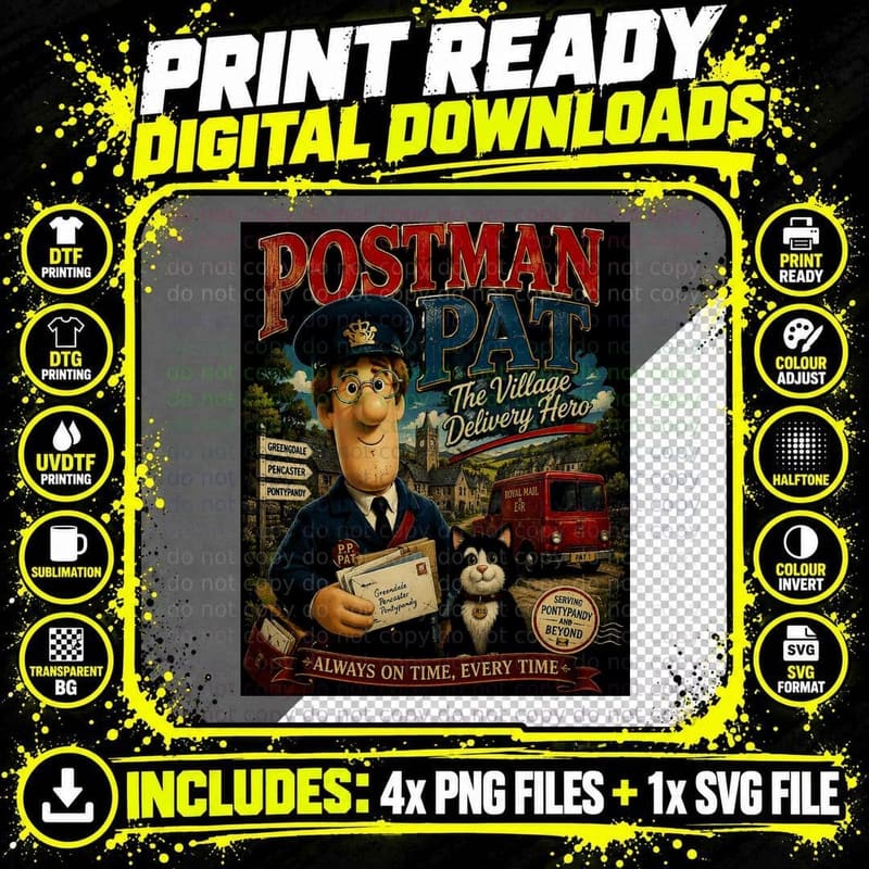 Postman Pat Vintage Cartoon Nostalgia Art Halftone Png SVG Digital Bundle