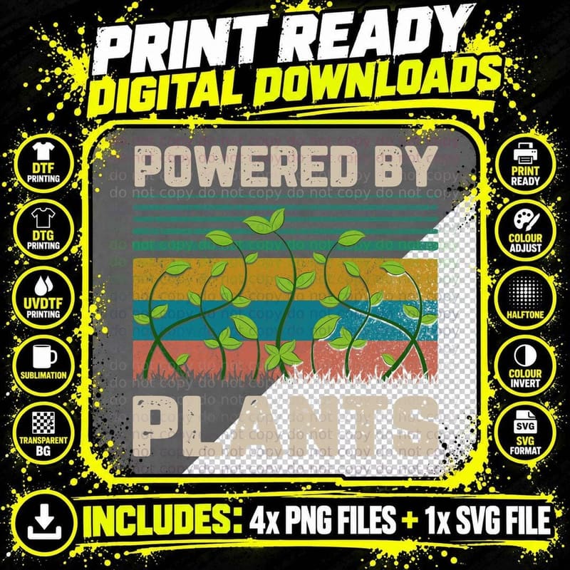 Powered by Plants T-Shirt, Vintage Retro Style Png SVG Digital Bundle
