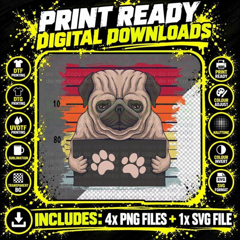 Pug Retro Wanted T-Shirt, Vintage Animal Print Png SVG Digital Bundle