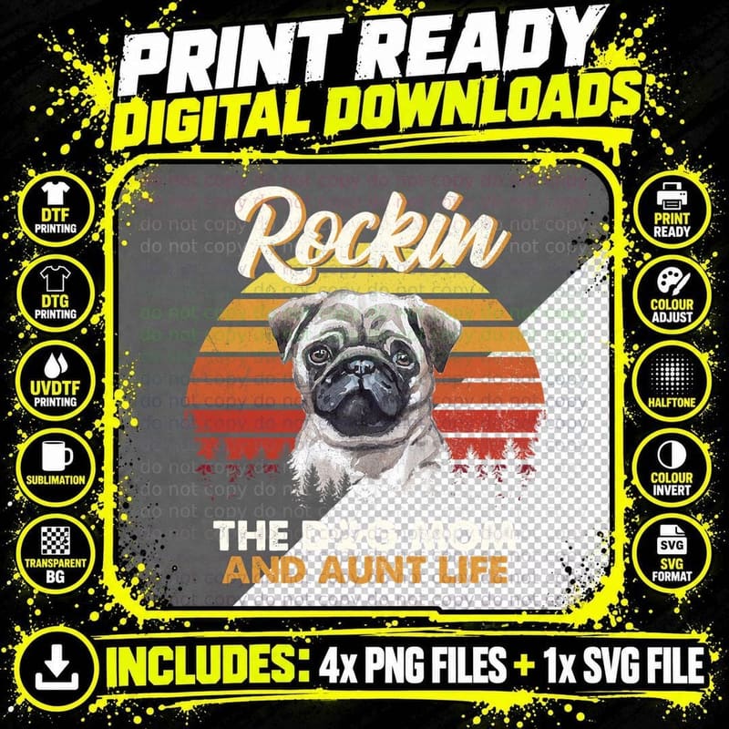 Pug T-Shirt, Retro Sunset Design, Pet Lover Apparel Png SVG Digital Bundle