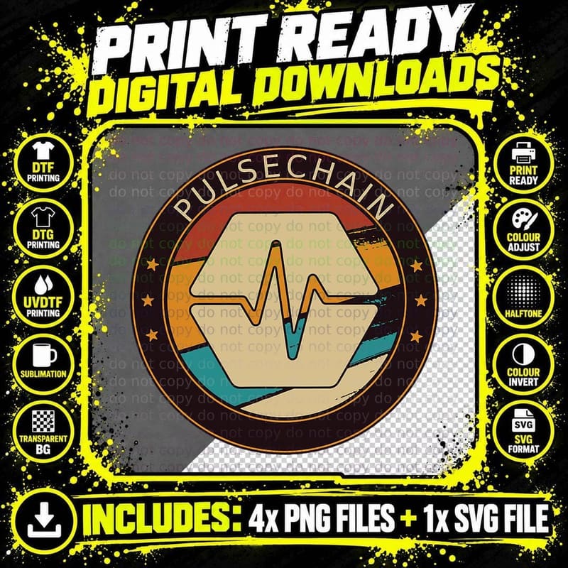 Pulsechain PLS Vintage Crypto Retro Art Cryptocurrency Png SVG Digital Bundle