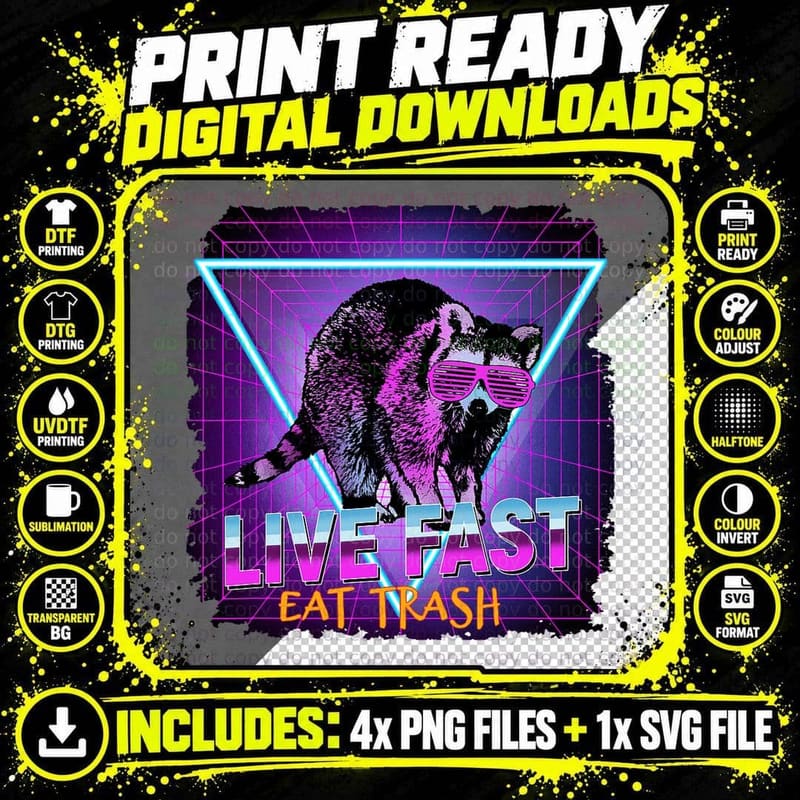 Raccoon Live Fast Eat Trash Retro T-Shirt Png SVG Digital Bundle