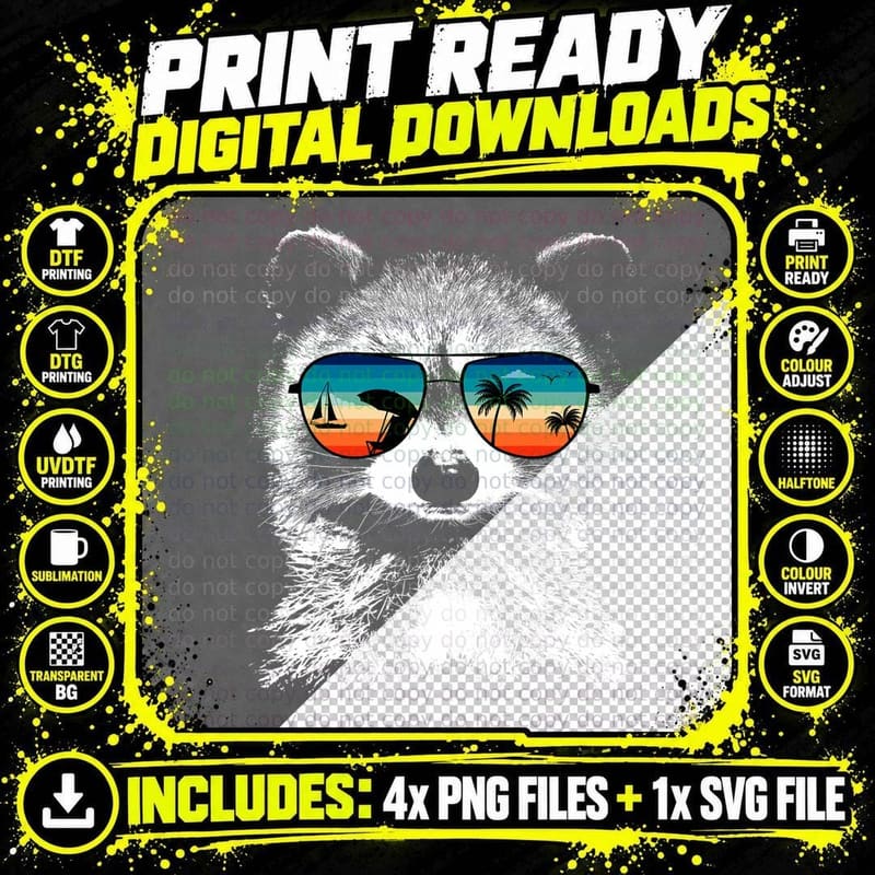 Raccoon Shirts with Glasses Sunglasses Retro Style Png SVG Digital Bundle