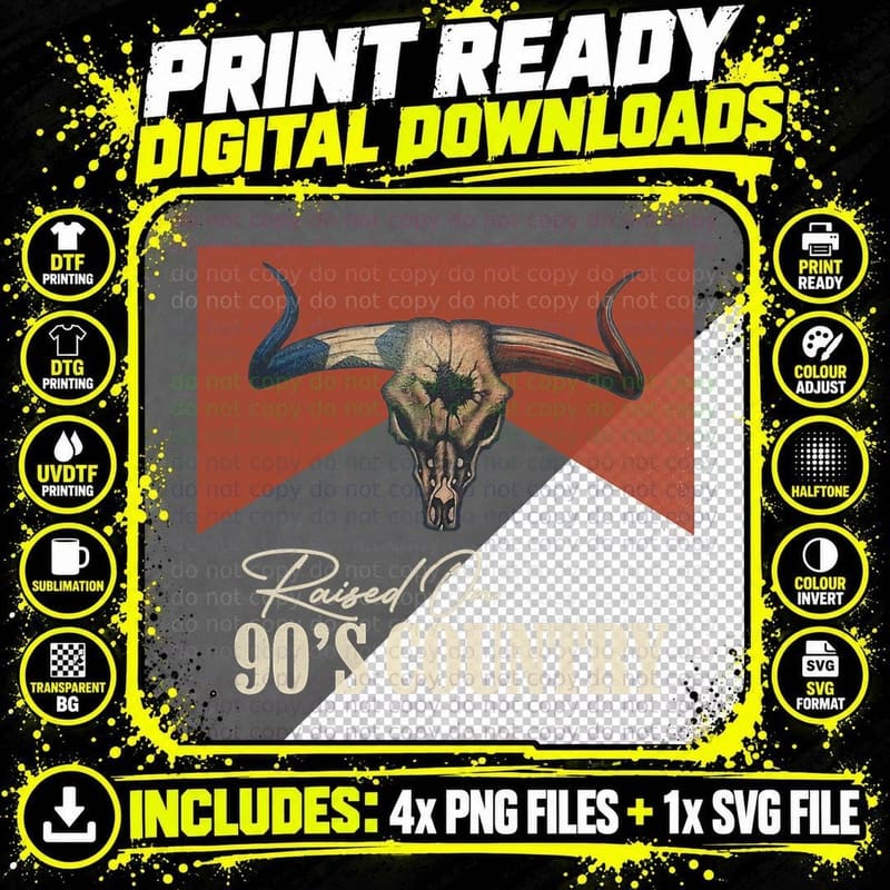 Raised on 90'S Country Music Vintage Bull Skull Western Png SVG Digital Bundle