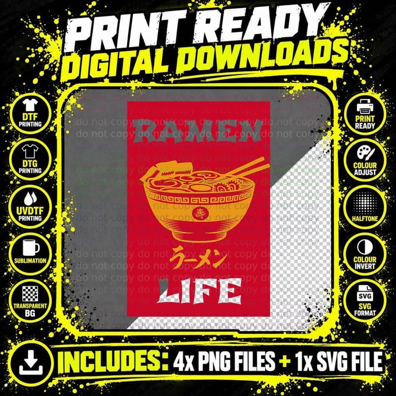 Ramen Life Japanese Noodles Katakana Vintage Retro Gift Png SVG Digital Bundle