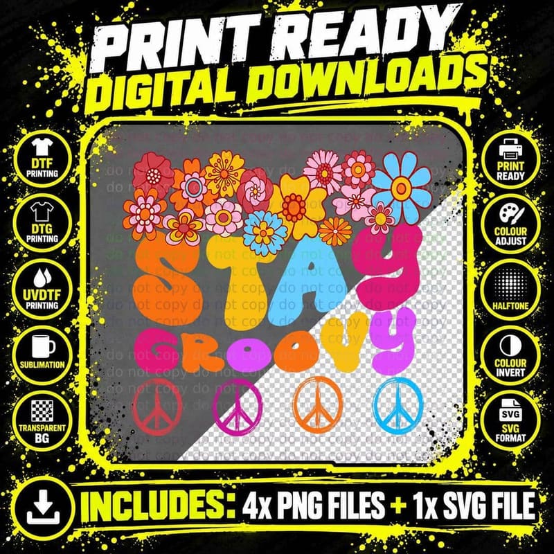 Retro 60s 70s Peace Stay Groovy Sunflowers Positive Mind Png SVG Digital Bundle