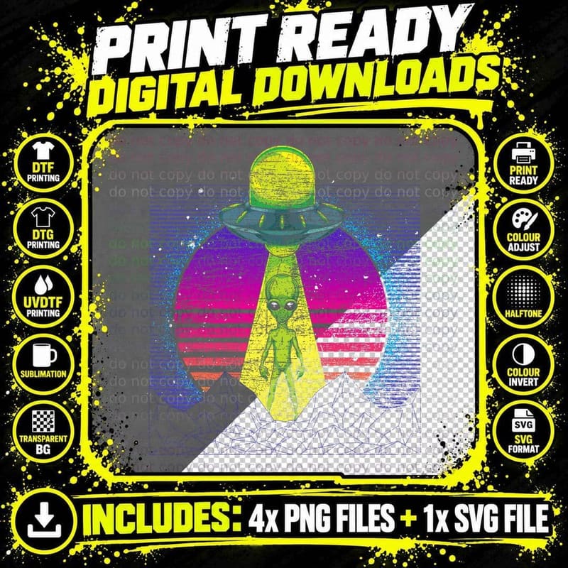 Retro Alien Abduction 90s Vaporwave UFO Believer UFO Png SVG Digital Bundle