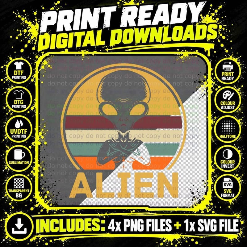 Retro Alien UFO Space Ship - Extraterrestrial Vintage Png SVG Digital Bundle