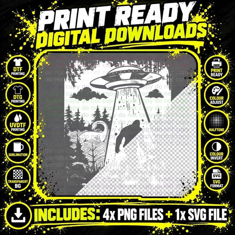 Retro Aliens UFO Abduction Bigfoot & Loch Ness Monster Png SVG Digital Bundle