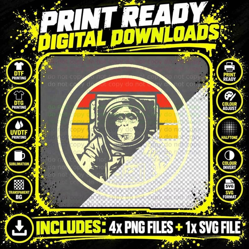 Retro Astronaut Space Monkey T-Shirt Png SVG Digital Bundle