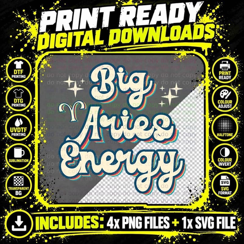 Retro Big Aries Energy Zodiac Sign Astrology Birthday Png SVG Digital Bundle