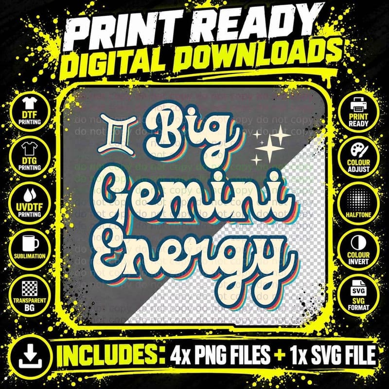 Retro Big Gemini Energy Zodiac Sign Astrology Birthday Png SVG Digital Bundle