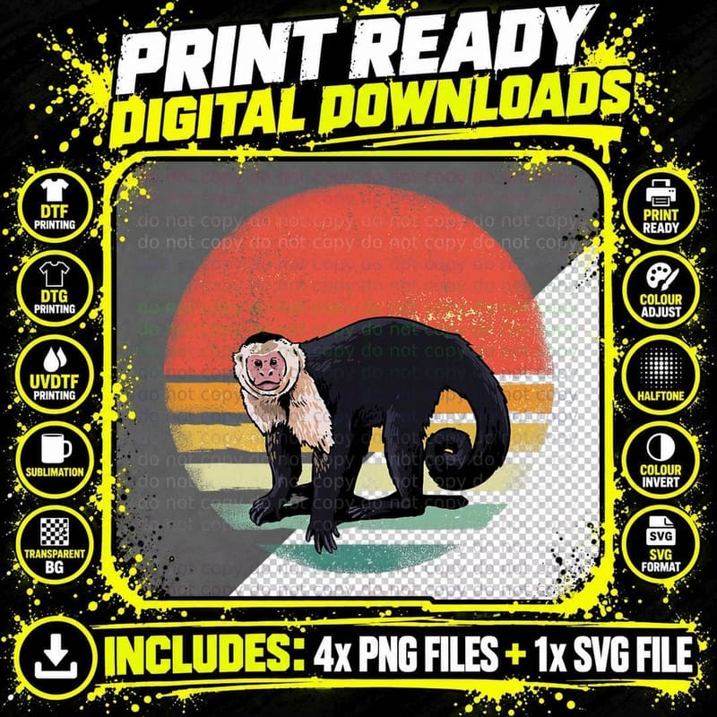 Retro Capuchin Monkey Primate Wildlife Zoology Wild Png SVG Digital Bundle