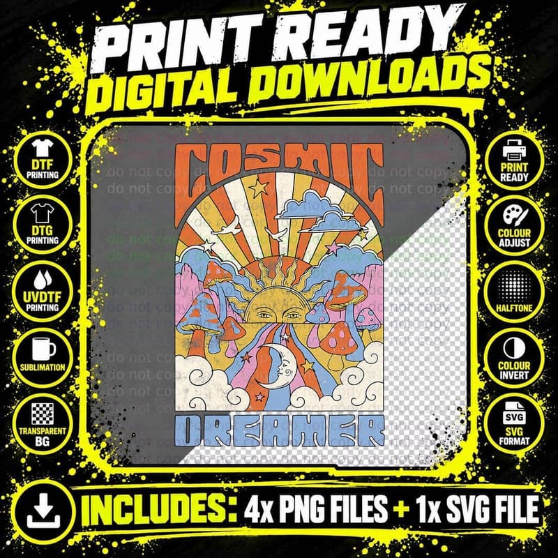 Retro Cosmic Dreamer Psychedelic Hippy Mushroom Trippy Png SVG Digital Bundle