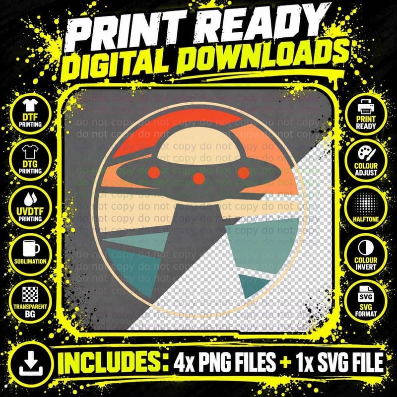 Retro Extraterrestrial Ufo Saucer - Spaceship Vintage Png SVG Digital Bundle