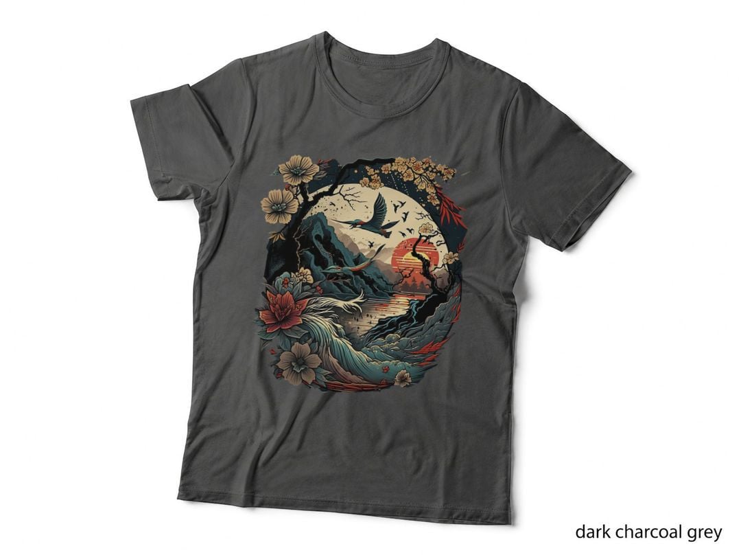 Retro Japanese Art Birds & Cherry Blossom and Vintage Sunset T-Shirt