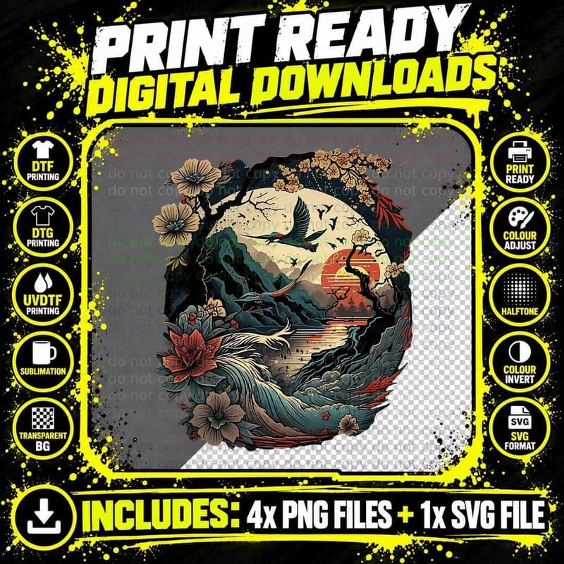 Retro Japanese Art Birds & Cherry Blossom and Vintage Png SVG Digital Bundle