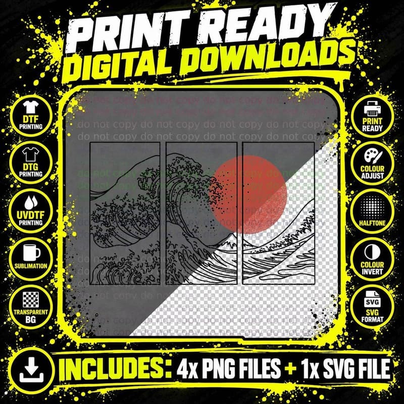 Retro Japanese Japan Flag Great Wave Outline Graphic T Png SVG Digital Bundle