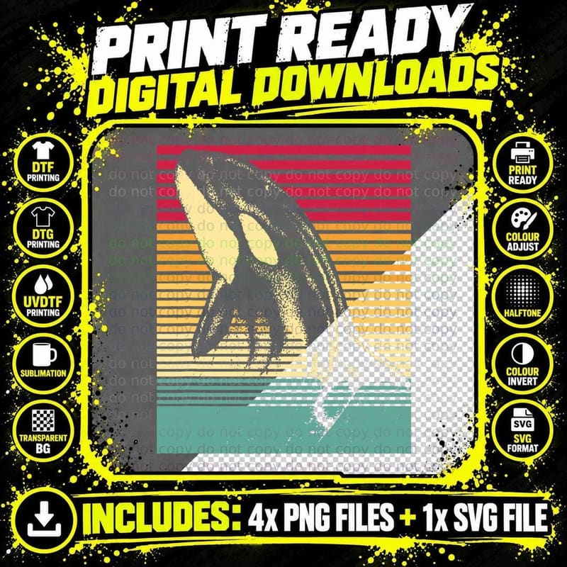 Retro Killer Whale T-Shirt Png SVG Digital Bundle