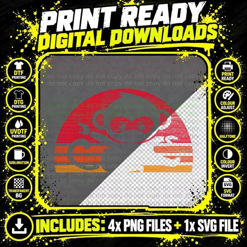 Retro Monkey Ninja Silhouette Vintage T-Shirt Gift Idea Png SVG Digital Bundle