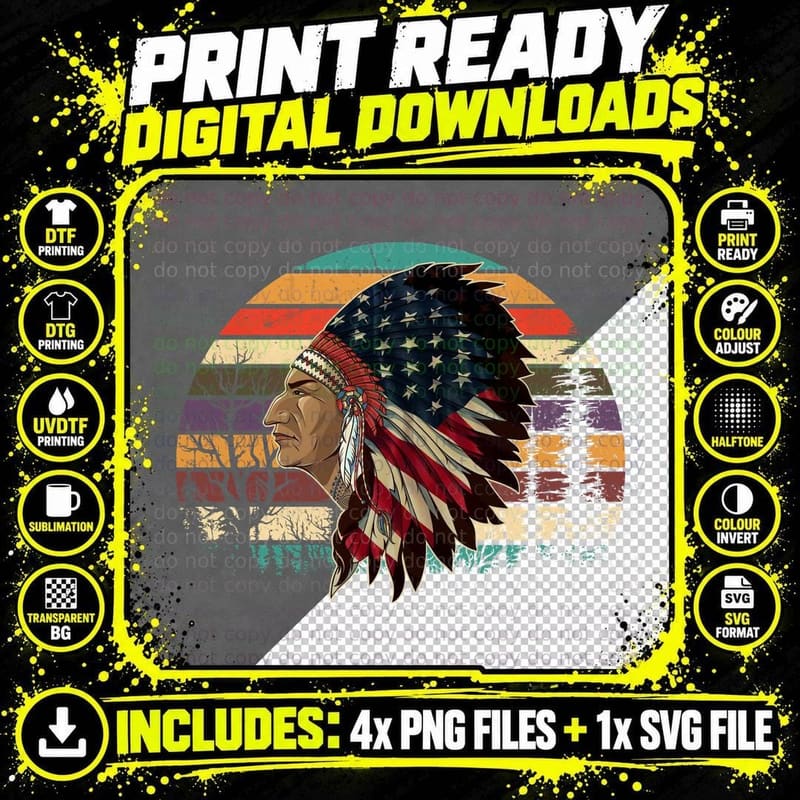Retro Native American Headdress T-Shirt Png SVG Digital Bundle