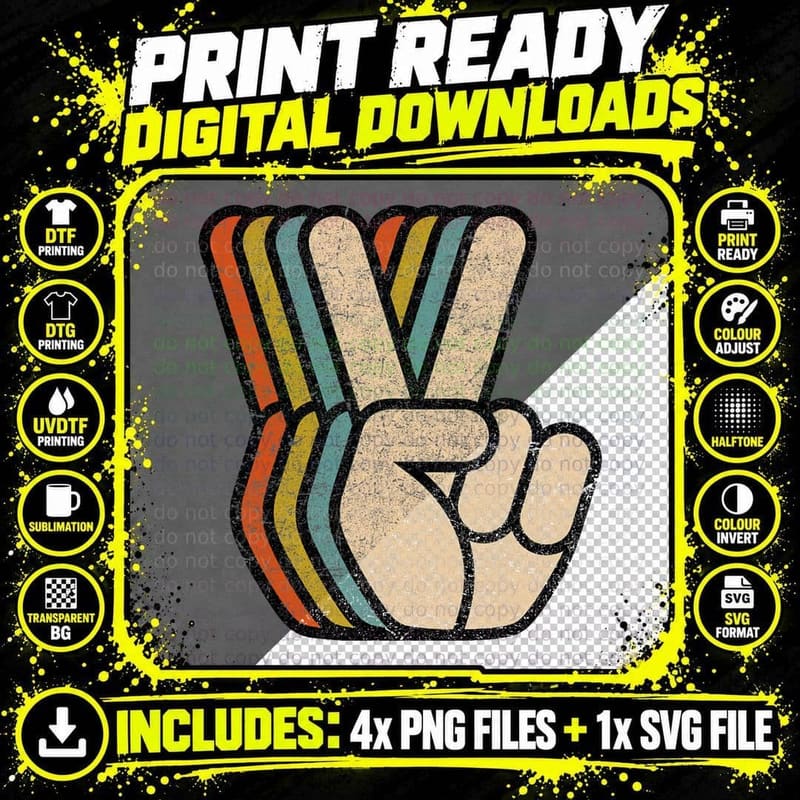 Retro Peace Sign V Fingers Vintage 60s 70s 80s Cool Png SVG Digital Bundle