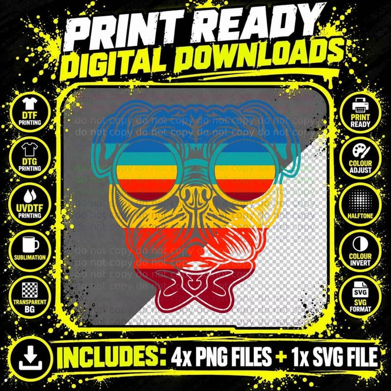Retro Pug T-Shirt, Cool Sunglasses Print Png SVG Digital Bundle