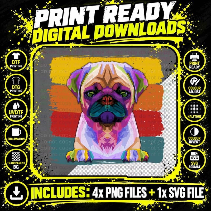 Retro Pug T-Shirt, Geometric Pop Art, Pet Lover Apparel Png SVG Digital Bundle