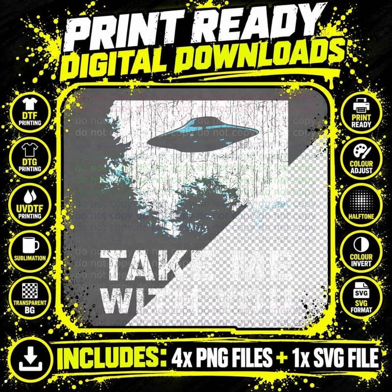 Retro UFO Abduction Alien Unidentified Flying Saucer UAP Png SVG Digital Bundle