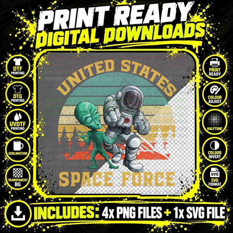 Retro US Space Force Graphic Vintage Sunset Alien Punch Png SVG Digital Bundle